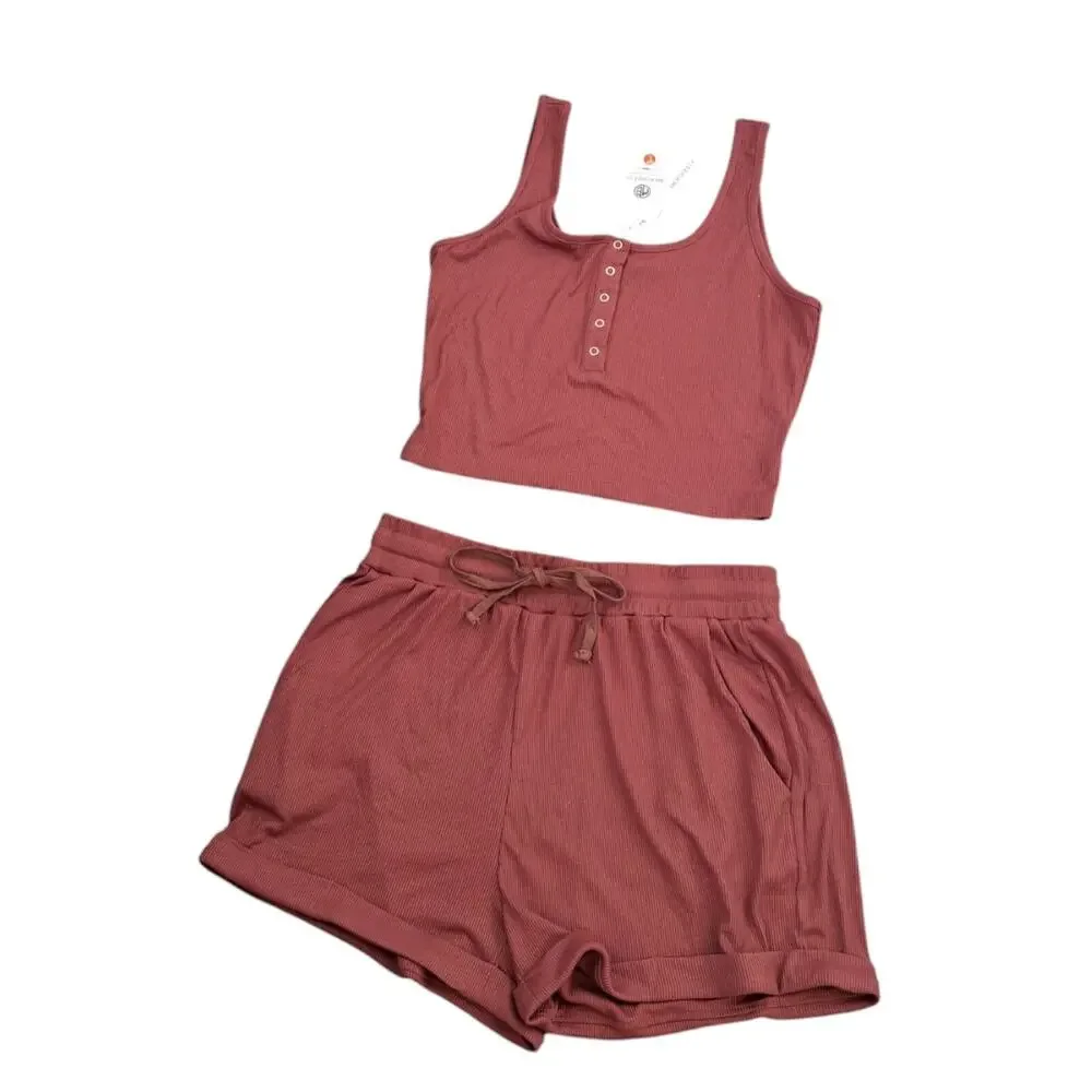 MEROKEETY Ribbed Tank Top and Shorts Maroon Lounge Set Size Large NWT